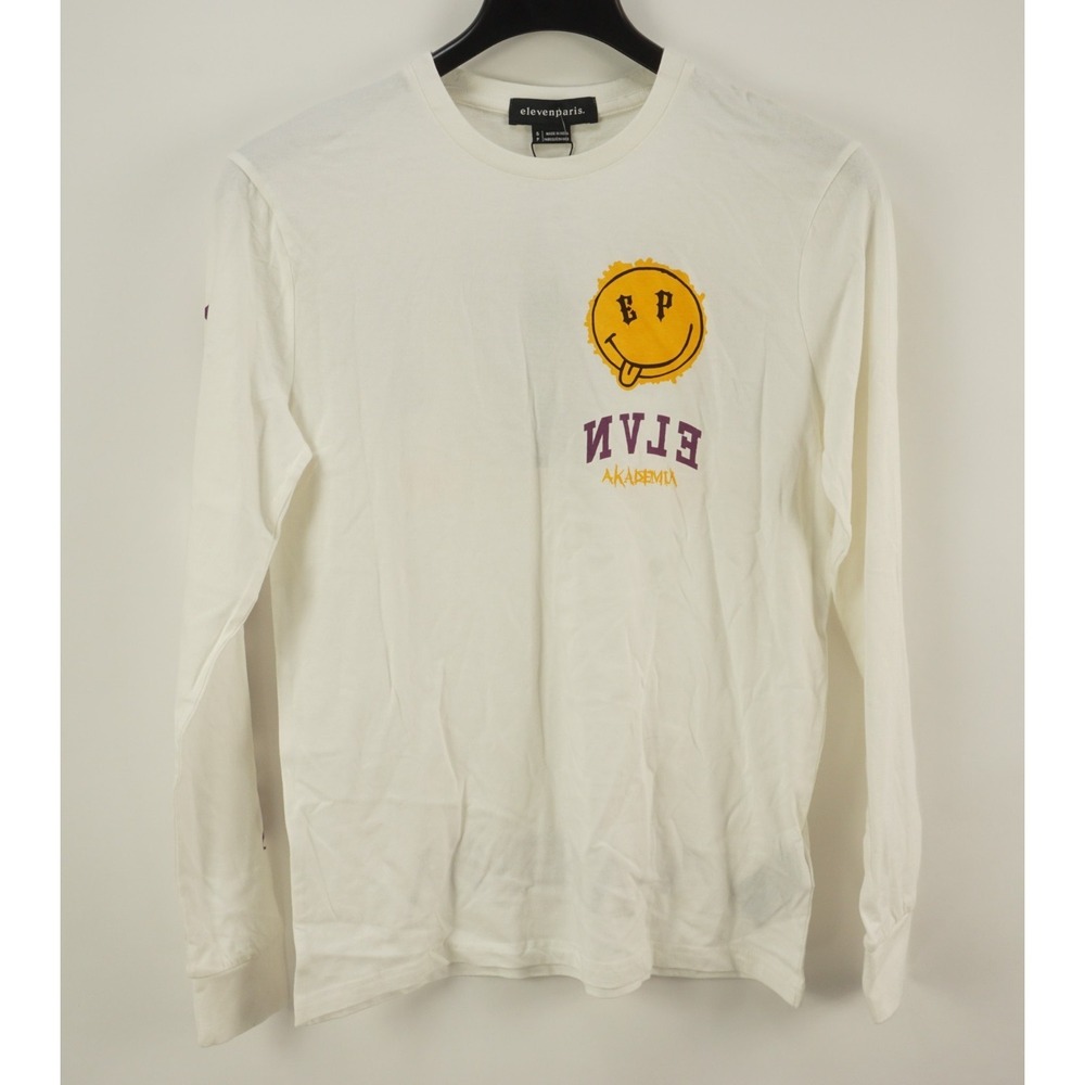 Eleven Paris Akademia Men's Small Long Sleeve White Cotton Big Logo Crew T-Shirt
